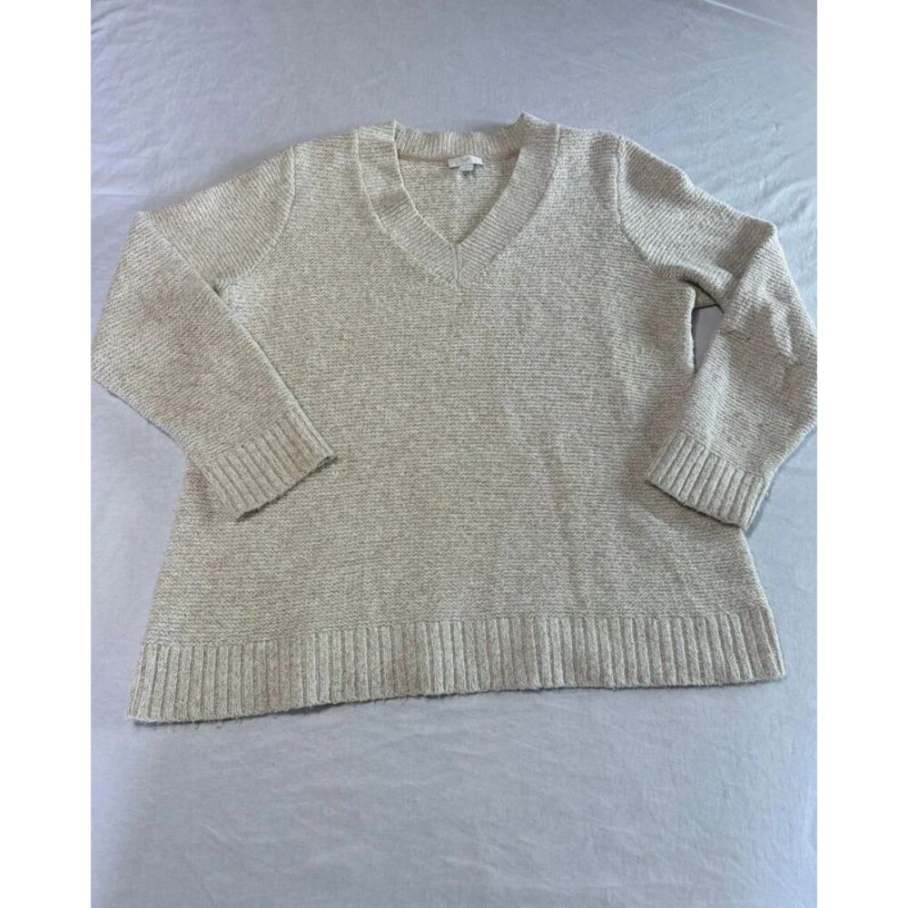 J.Jill Womens M Oatmeal V Neck Sweater Chunky Knit Pullover Beige Cream